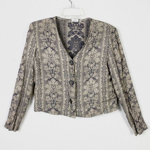 Vintage Beige & Grey Floral Tapestry Cropped Lightweight Blazer Jacket - Picture 4 of 8